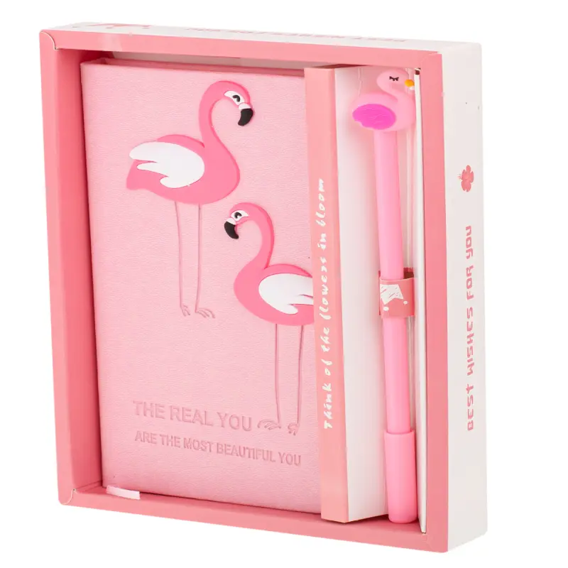 Set cadou pentru copii, caiet cu flamingo finisat cu piele ecologica + pix cu flamingo