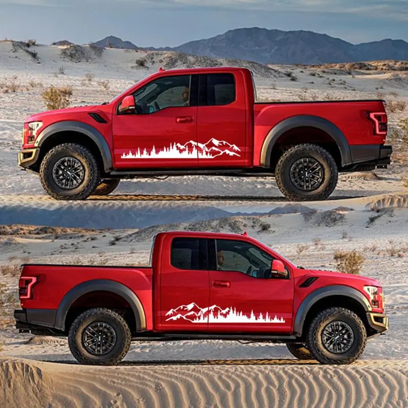 Set 2 stickere autoadezive pentru vehicule off road, model "forest & mountains", dimensiune 100 x 20 cm, culoare albav