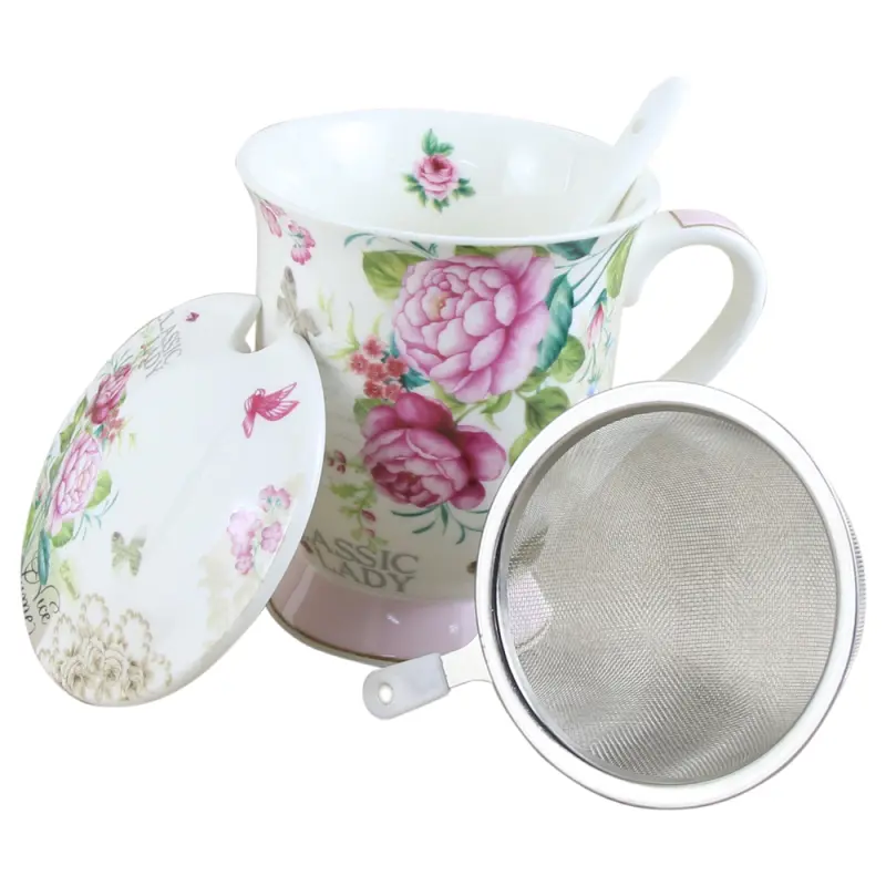 Cana ceramica cu infuzor metalic, capac si lingurita, flori coloratev