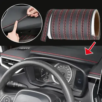 Banda decorativa pentru interiorul vehiculului, lungime 2m, din piele ecologica, culoare neagra + cusatura rosie