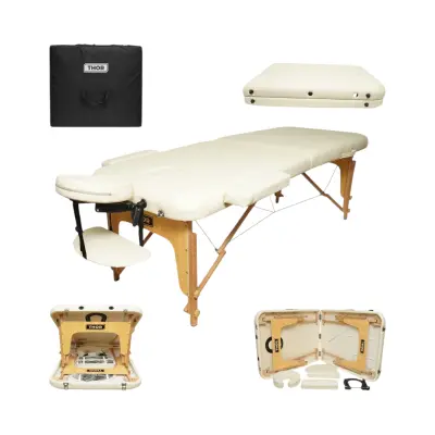 Masa de masaj pliabila, 2 zone, cadru lemn, spuma 5cm, inaltime 55-76cm, piele ecologica, dimensiuni 60x213cm, culoare crem