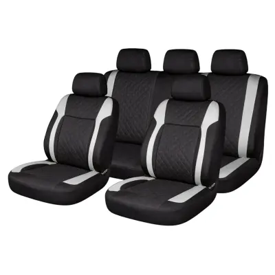 Set huse scaune auto premium, model diamond core, design sportiv,  universale, ergonomice, piele ecologica matlasata, culoare negru/gri