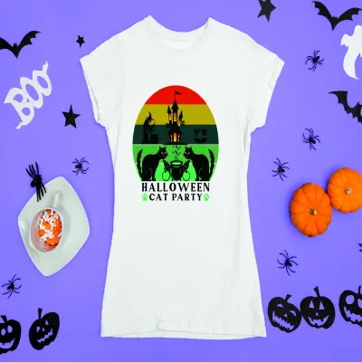Halloween cat party, tricou cu mesaj