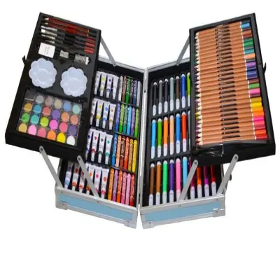 Set 145 piese pentru pictura, pentru copii sau adulti, pixuri de colorat, creioane colorate si vopsele de pictura, cu geanta de transport albastra, model avx-wt-rubens145