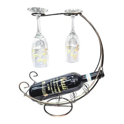 Suport din metal cu sticla vin personalizata cu mesaj nasii sunt singura familie si 2 pahare personalizate nas si nasa
