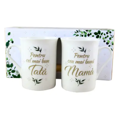 Set 2 cani din ceramica "pentru cel mai bun tata/pentru cea mai buna mama", 290 ml, in cutie cadou