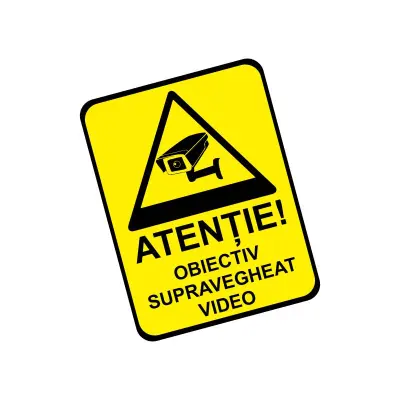 Atentie obiectiv supavegheat video, autocolant, dimensiune 200x150 mm, model 047