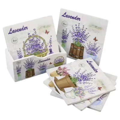 Set 6 suporturi pentru pahare din lemn, 10 cm, cu suport, lavender